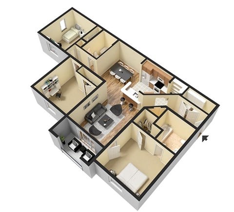 Floor plan for 3 beds, 2 baths, 1186 sqft